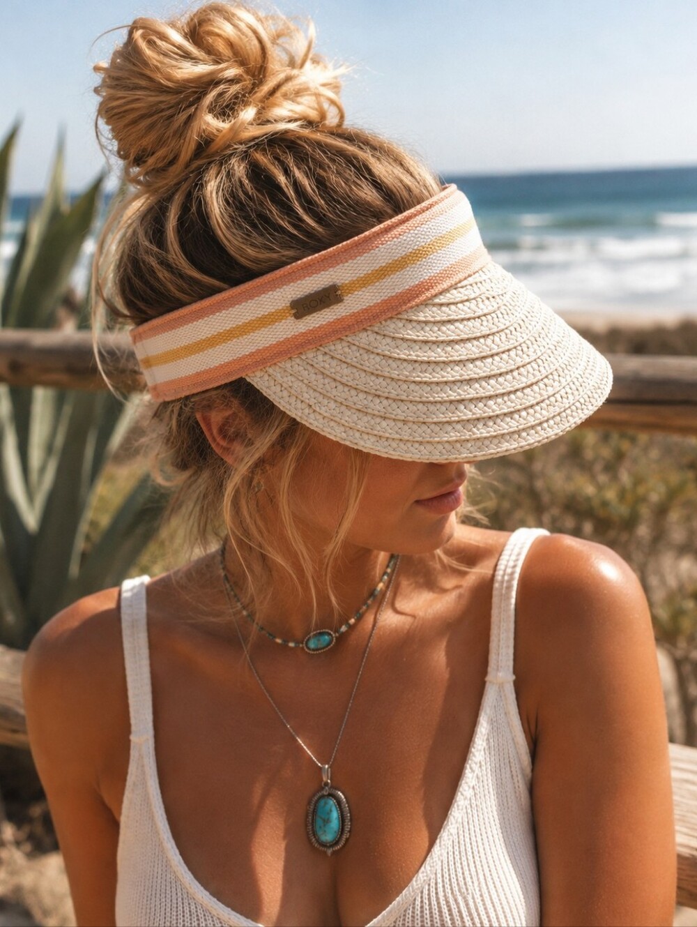 ROXY Straw Visor Hat Peach Stripe Woven Beach Coastal Surf Sun Hat